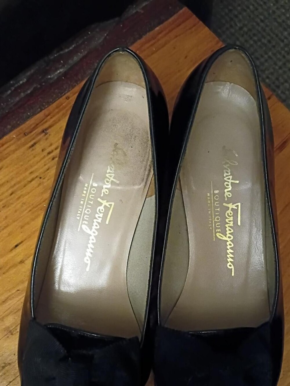 Salvatore Ferragamo Black Patent Leather Bow Heels, Size 8.5